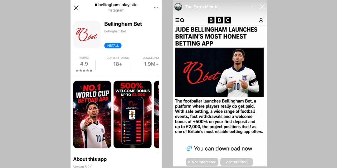 Advertising for an unlicensed iGaming platform found in the UK featuring footballer Jude Bellingham and a fake BBC publication
