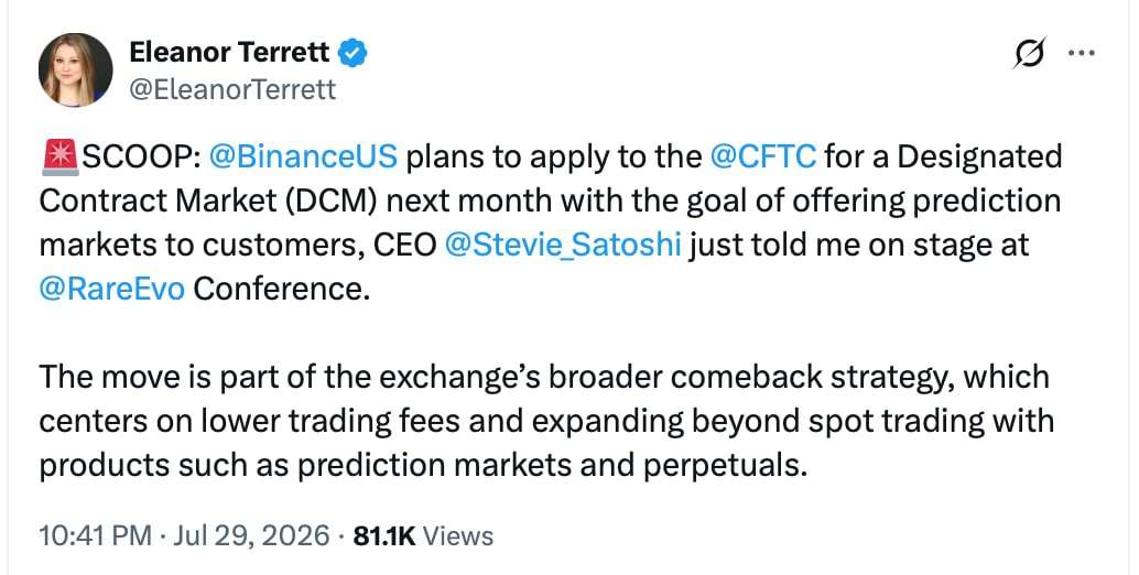Binance.US plans CFTC license bid to launch its own prediction markets platform