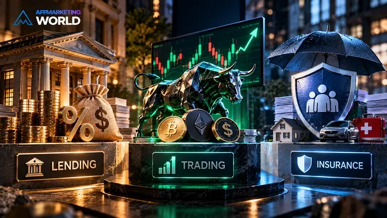 Three diverging paths representing lending, trading, and insurance as separate fintech affiliate businesses