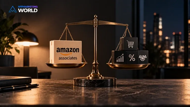 A shopping cart and a scale balancing coins, representing the tradeoff between Amazon Associates and specialized e-commerce CPA networks