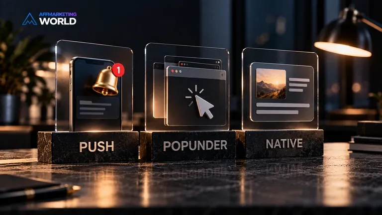 Three diverging arrows representing push, popunder and native traffic formats