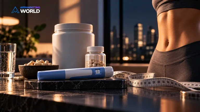 An injection pen next to a weight-loss supplement bottle, representing the shift from classic nutra pills to GLP-1-era offers