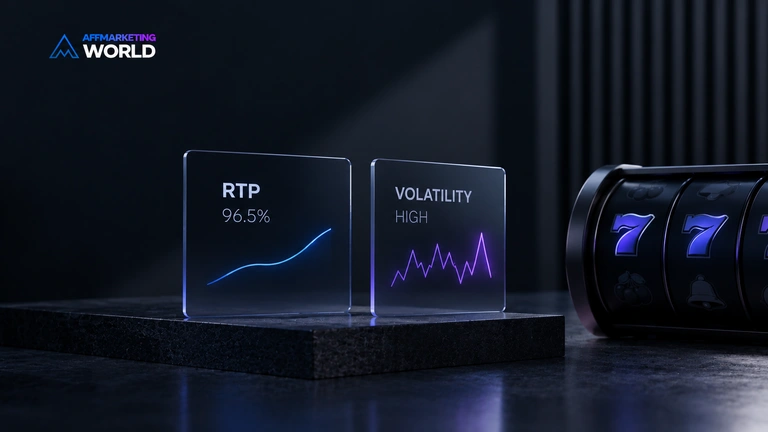 A slot reel next to a volatility curve graph, representing RTP and variance in online slots